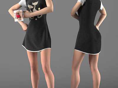 Woman in black dress with white cuffs and hem holding red cup with star design 3d model