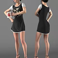 Woman in black dress with white cuffs and hem holding red cup with star design