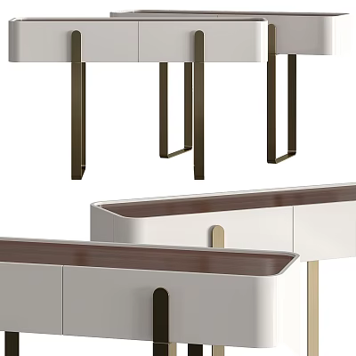 Modern Functional Desk With White Cabinet Wooden Top And Brass Legs Design 3d model