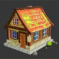 Cute Cartoon House With Orange Roof Brown Door Blue Windows White Walls And Green Bush