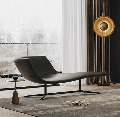 Black Leather Chaise Lounge in Modern Interior with Side Table Window Curtains And Floor Lamp 3d model