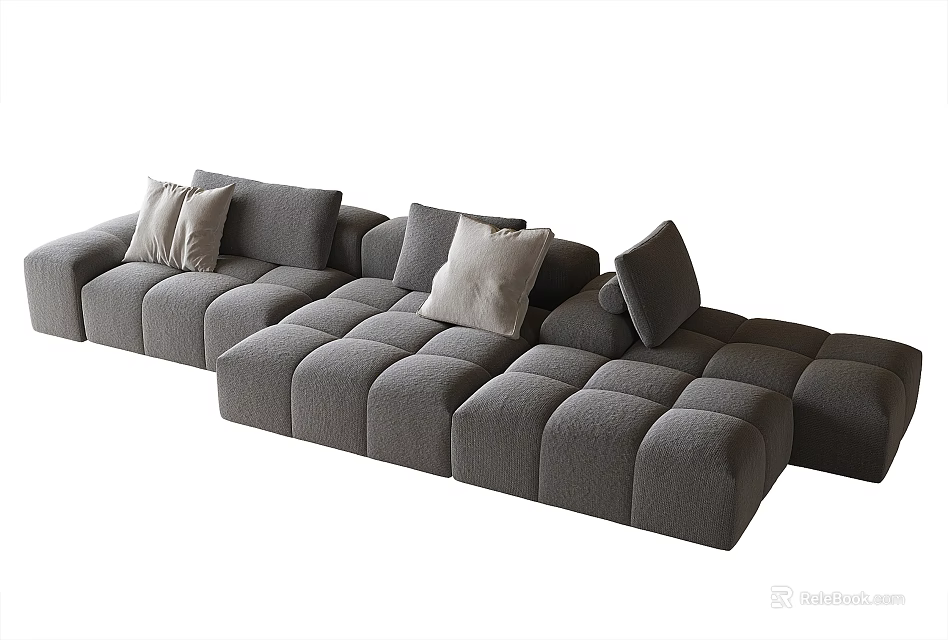 Gray L shaped Sectional Sofa With Square Cushions And Throw Pillows 3d model