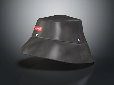 Black Shiny Supreme Bucket Hat With Red Label And Metal Rivets 3d model