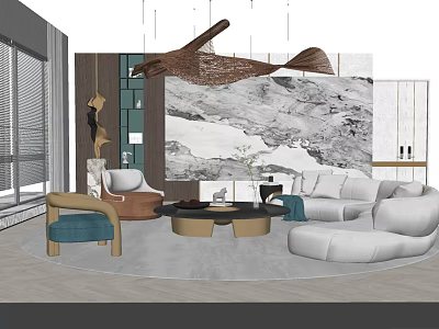 Modern Living Room Sofa And Coffee Table Combination With Whale Pendant Light Artwork And Rug 3d model