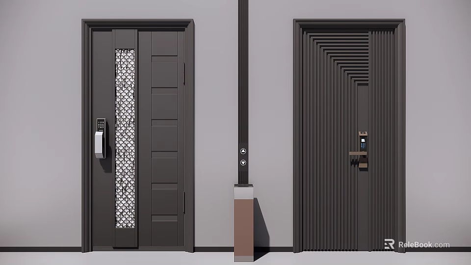 Modern Security Doors With Geometric Glass Panel And Vertical Stripe Design For Home Safety 3d model 
