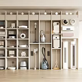 Organized Display of Various Household Appliances on Shelves with Modern Storage Design