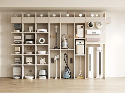 Organized Display of Various Household Appliances on Shelves with Modern Storage Design 3d model
