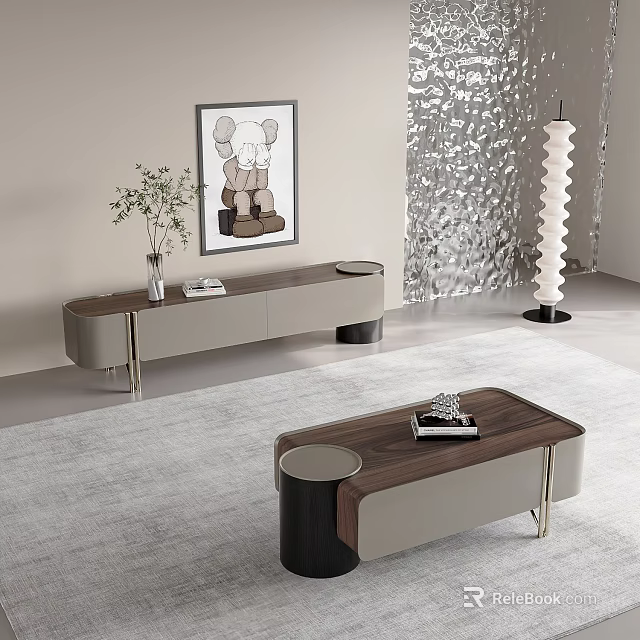Modern Wooden Coffee Table With Light Finish And Decorative Items In Living Room With Floor Lamp 3d model 