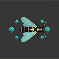 Turquoise Winged Wasp With Black And Yellow Stripes On Shiny Gemstone Background