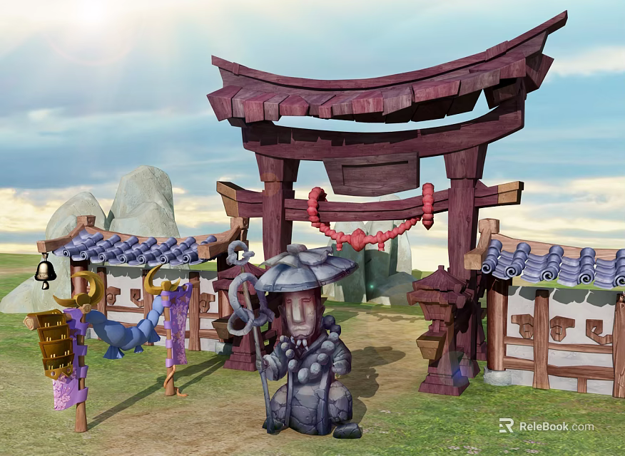 Cartoon Scene With Traditional Torii Gate Umbrella Carrying Character And Green Grass 3d model 