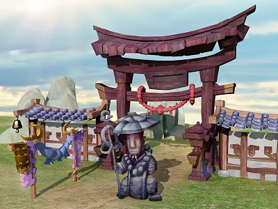 Cartoon Scene With Traditional Torii Gate Umbrella Carrying Character And Green Grass 3d model