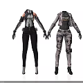 Two Stylish Futuristic Fashion Outfit Designs With Jackets Pants And Accessories