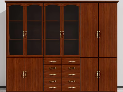 Wooden File Cabinet With Glass Doors Drawers And Metal Handles For Office Storage Solution 3d model