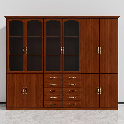 Wooden File Cabinet With Glass Doors Drawers And Metal Handles For Office Storage Solution 3d model