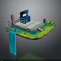3D Floating Island Scene With Blue Building Geometric Patterns Green Grass Trees Flowers And Waterfall
