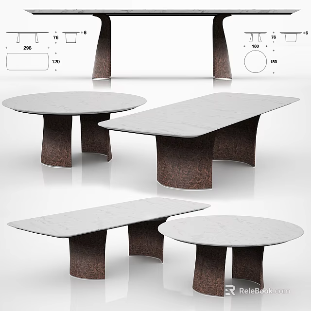Modern Round and Rectangular Dining Table Set with White Stone Top and Textured Brown Legs 3d model 
