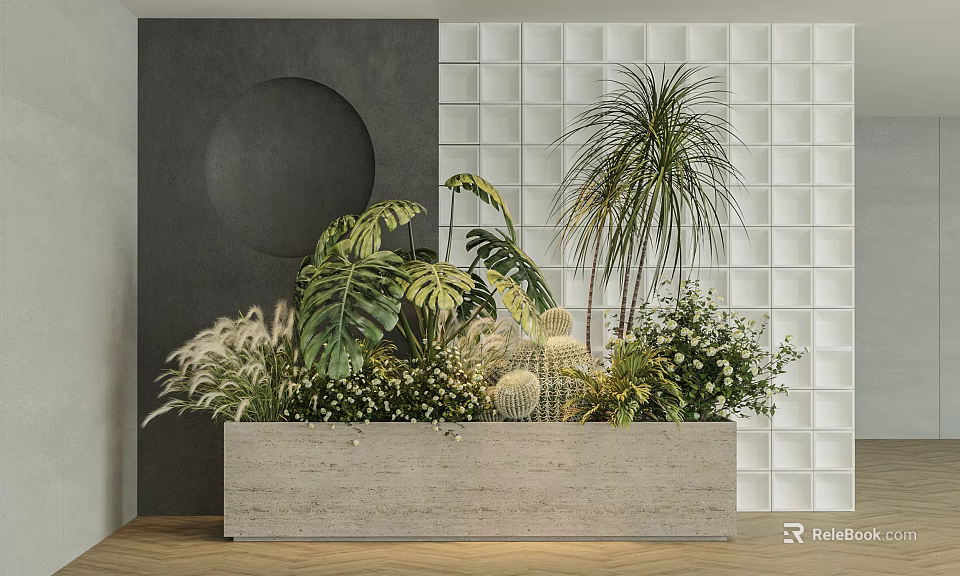 Potted Plants In Concrete Rectangular Planter With Tropical Leaves Palm Cactus And Small White Flowers 3d model 