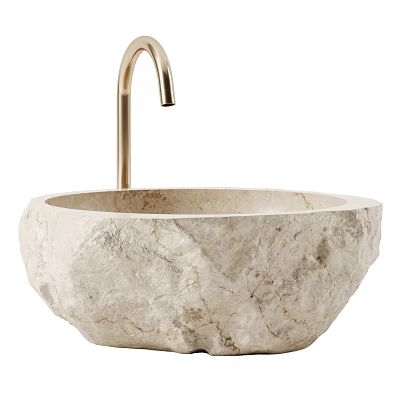 Natural Stone Round Wash Basin with Gold Faucet and Textured Surface for Bathroom 3d model