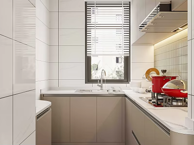 Modern Kitchen Featuring White Tiled Walls Window Blinds Gray Cabinets White Countertops And Red Pots 3d model
