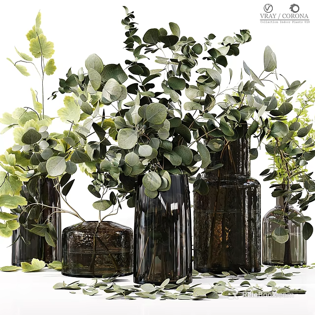 Decorative Ornament Set With Dark Glass Vases And Eucalyptus Greenery Home 3d model 