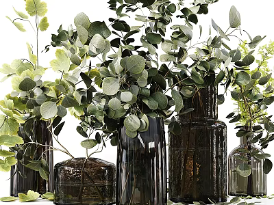 Decorative Ornament Set With Dark Glass Vases And Eucalyptus Greenery Home 3d model