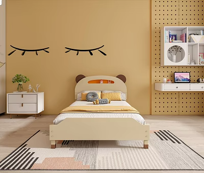 Kids Bedroom With Yellow Wall Bear Ear Headboard Eyelash Decals Nightstand Shelf And Rug 3d model