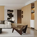 Modern Living Room With Sofa Round Coffee Table Wooden Cabinets And Plants