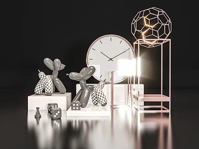 Modern Decorative Ornament Set With Balloon Dog Figurines Clock Geometric Lamp And Metal Stand 3d model