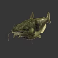 Realistic Fish Figure With Sharp Teeth Long Whiskers Dark Body And Reflection On Gray Background
