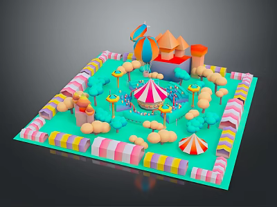 Modern Amusement Park Scene With Carousel Colorful Buildings Balloons And Umbrella Decorations 3d model