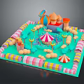 Modern Amusement Park Scene With Carousel Colorful Buildings Balloons And Umbrella Decorations