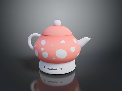 Adorable Pink Mushroom Shaped Teapot With White Dots And Smiley Face Design 3d model