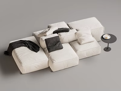 Modern Minimalist White Modular Sectional Sofa With Cushions Throw Blanket And Side Table 3d model