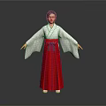 Woman Wearing Traditional Kimono With White Top Red Skirt And Red Obi