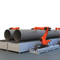 Automated Industrial Equipment With Orange Robotic Arms Handling Large Pipes On Conveyor Belts