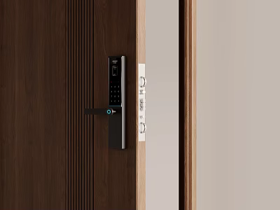 Modern Wooden Door With Electronic Lock Wood Grain Frame And White Label 3d model