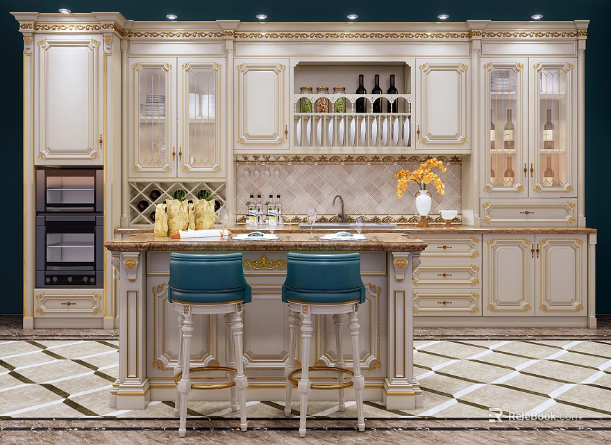 Elegant Classical Kitchen Cabinets With Golden Trim Glass Doors Island Counter And Blue Stools 3d model 