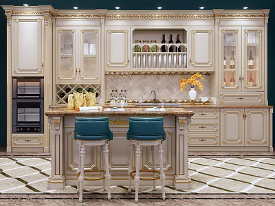 Elegant Classical Kitchen Cabinets With Golden Trim Glass Doors Island Counter And Blue Stools 3d model