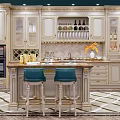 Elegant Classical Kitchen Cabinets With Golden Trim Glass Doors Island Counter And Blue Stools