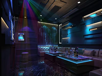 Elegant Modern KTV Lounge Interior Design With Colorful Lighting Comfortable Sofa And Coffee Tables 3d model