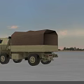Beige Military Truck With Canvas Covered Cargo Bed In Open Field Sunset Sky