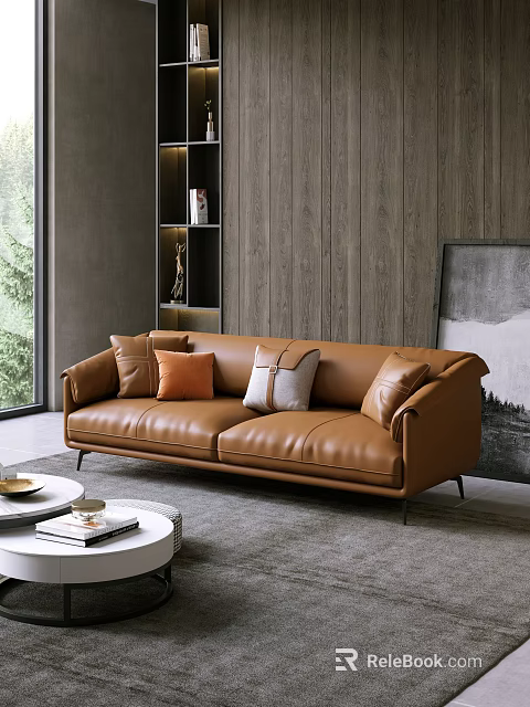 Elegant Brown Leather Two Seater Sofa With Accent Pillows Coffee Table And Wooden Wall 3d model 