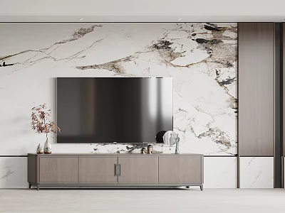 Modern Minimalist TV Background Wall With Marble Pattern And Cabinet 3d model