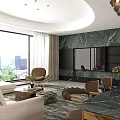 Modern Living Dining Area With Floor to Ceiling Windows City View Sofa and Accent Chair