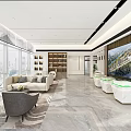 Spacious Modern Sales Office With Marble Floor Green Plants Sofas And Large Windows 3d model
