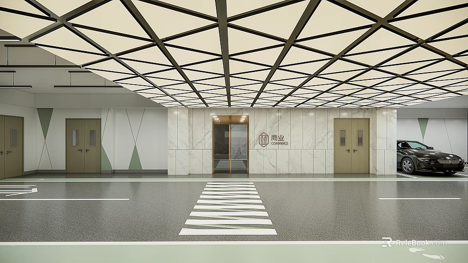 Modern Parking Garage with Geometric Ceiling Structure Marble Walls Floor Crosswalk and Doors 3d model 