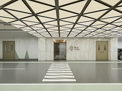 Modern Parking Garage with Geometric Ceiling Structure Marble Walls Floor Crosswalk and Doors 3d model