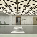 Modern Parking Garage with Geometric Ceiling Structure Marble Walls Floor Crosswalk and Doors