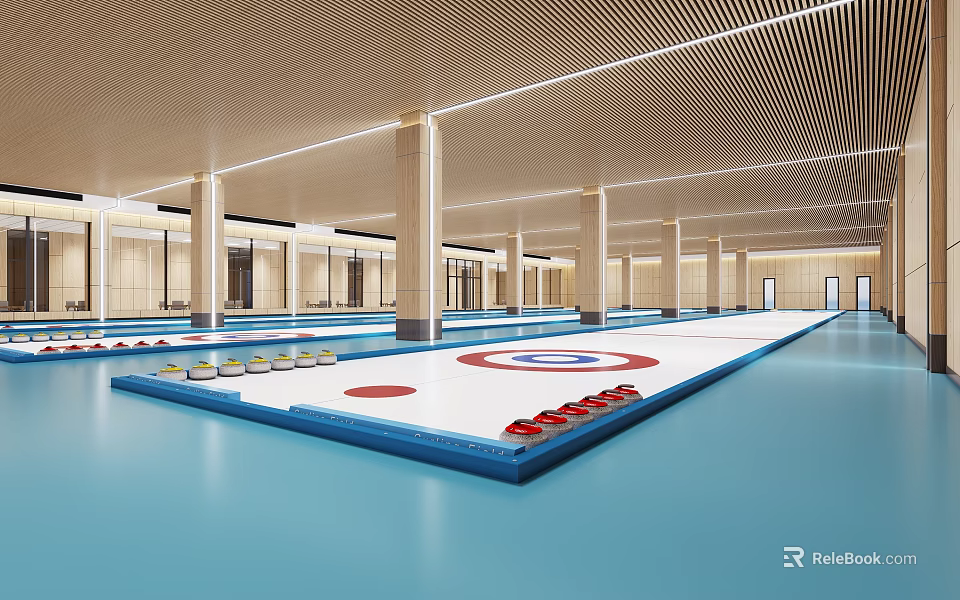 Modern Curling Rink Facility With Playing Area And Equipment 3d model 
