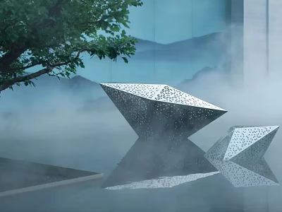 Geometric Perforated Sculpture With Reflection In Water Misty Tree And Mountain Background 3d model